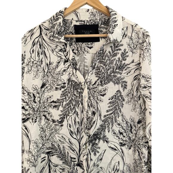 Tahari 100% Linen Collared Dress Black Ivory Tropical Print Toile New M Sustain - Picture 6 of 9